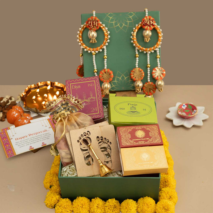 Handmade Aabhar Gift Hamper | Includes 2 Samajhri, 2 Diyas, 3 Rangoli Stencils, Colors, 1 Shubh Labh, 1 Dhoop, 1 Bell, Dry Fruit, 1 Card And 1 Box