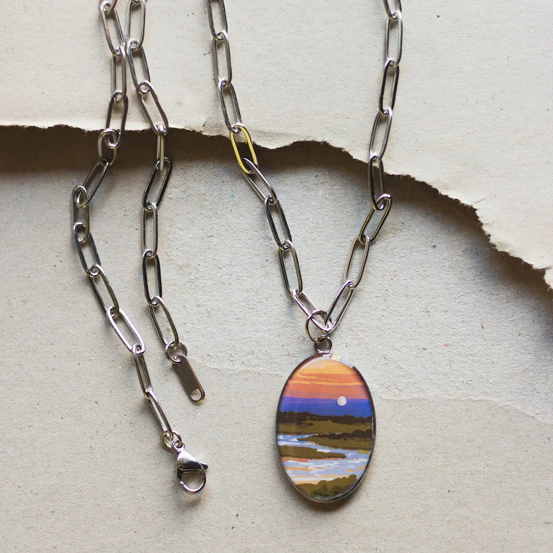Illustrated Sunset Inspired Resin & Stainless Steel Necklace