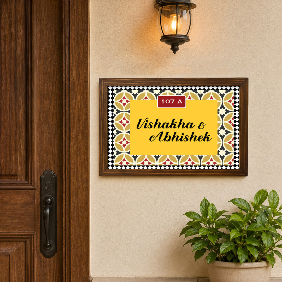 Personalized Tile Pattern Printed Wooden & Acrylic Name Plate with 3D Letters