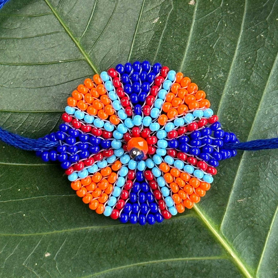 Customized Handmade Beaded Chakri Design Lumba Rakhi For Bhabhi With Roli Chawal - Close-up Beaded Bracelet Detail