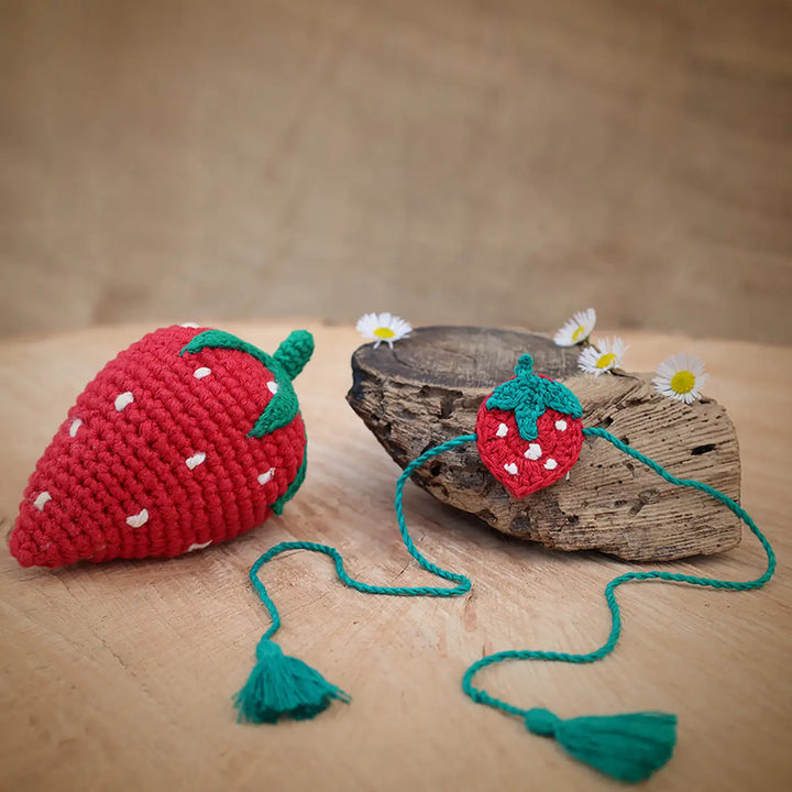 Handmade Crochet Strawberry Theme Kids Rakhi With Roli Chawal