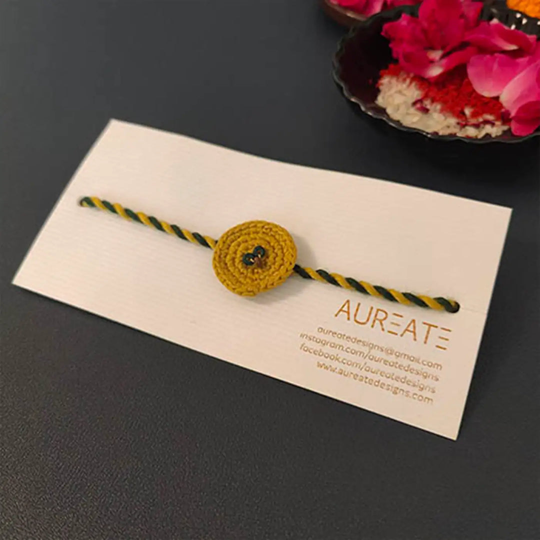 Handmade Crochet Beaded Round Rakhi With Roli Chawal