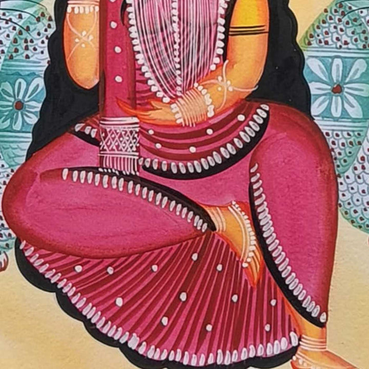 11 x 14 Inch | Lakshmi With Owls | Original Hand Painted Kalighat Painting | Natural Pigment On Paper