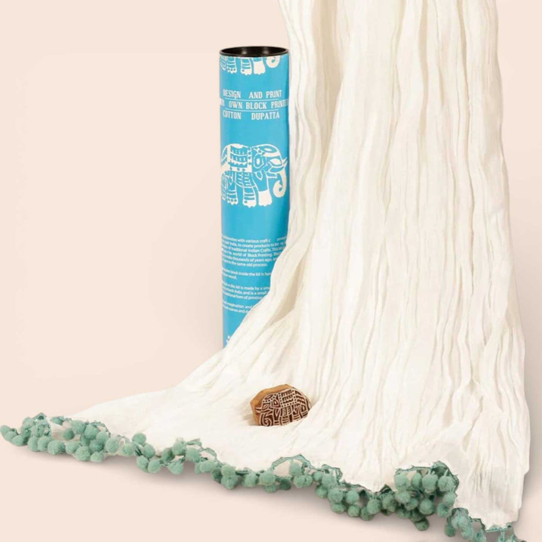 Blue Elephant Dupatta Block Print DIY Kit | Includes 1 White cotton dupatta, 1 Fabric paint, 1 Wooden block And 1 Sponge