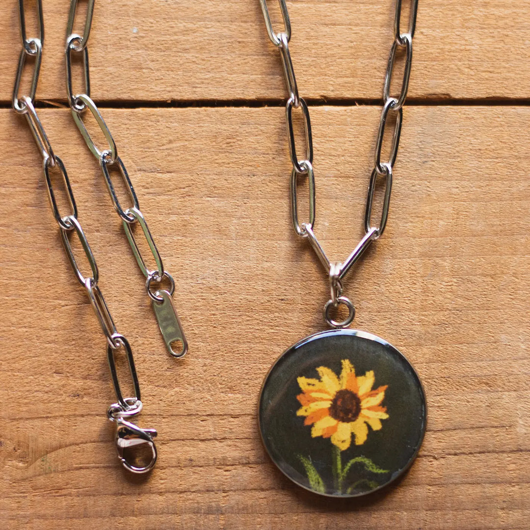 Illustrated Sunflower Design Resin & Stainless Steel Necklace