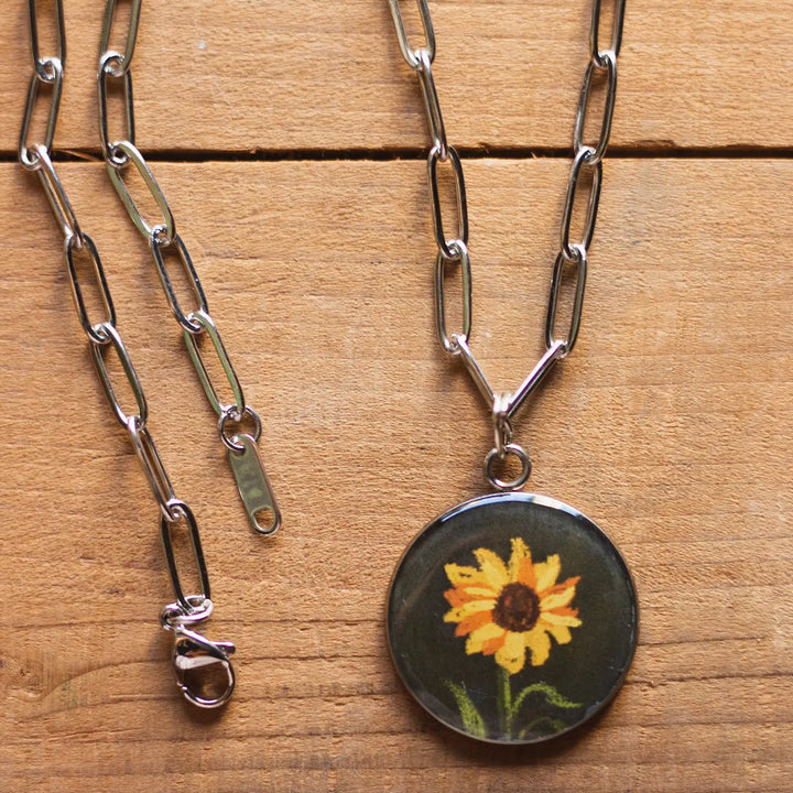 Illustrated Sunflower Design Resin & Stainless Steel Necklace