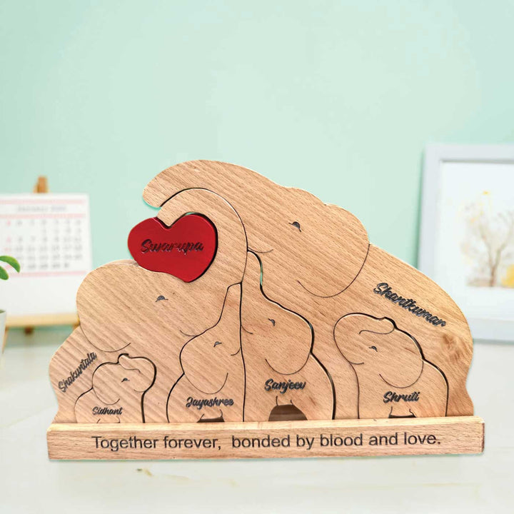 Personalized Elephant Family Of 6 Wooden Figurine