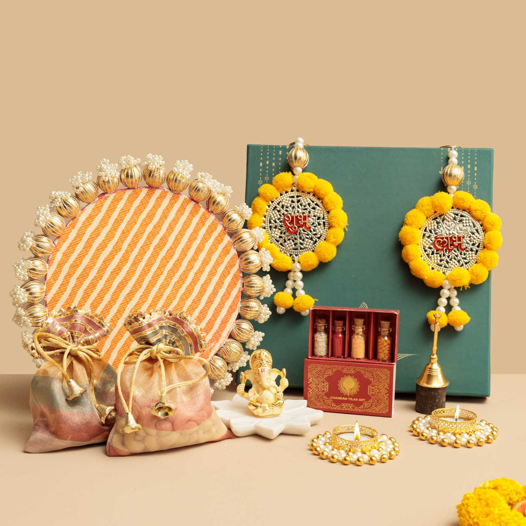 Handmade Shagun Gift Hamper | Includes 1 Lotus, 2 Tea Light Holder, 1 Pooja Thali, 2 Dry Fruit, 1 Bell, 1 Kumkum Chawal, 1 Shubh Labh, 1 Ganesh, 1 Card And 1 Box