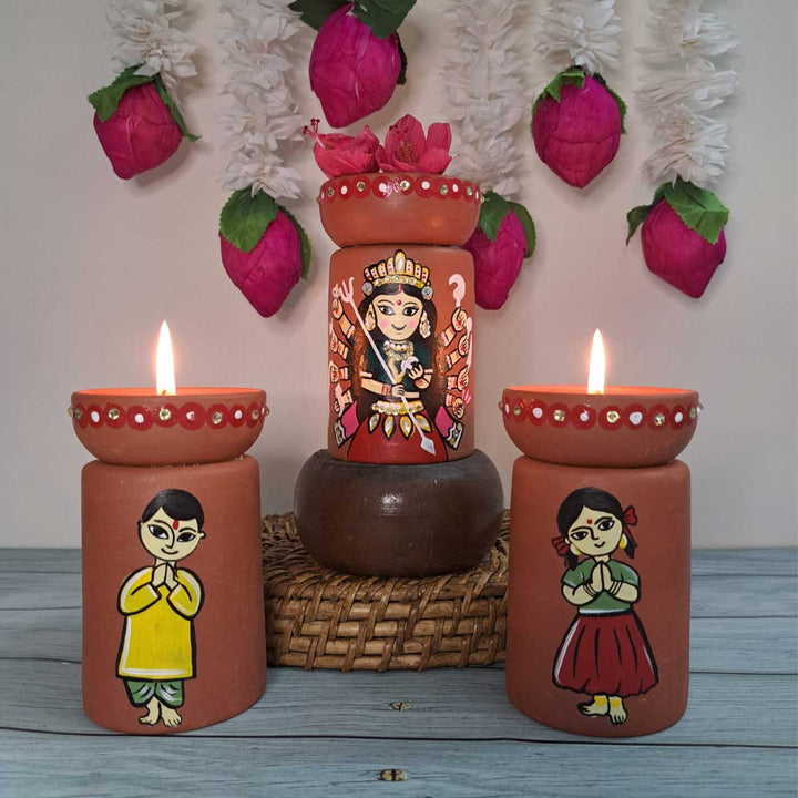 Hand-Painted Maa Durga Theme Terracotta Tealight Holder | Set Of 3