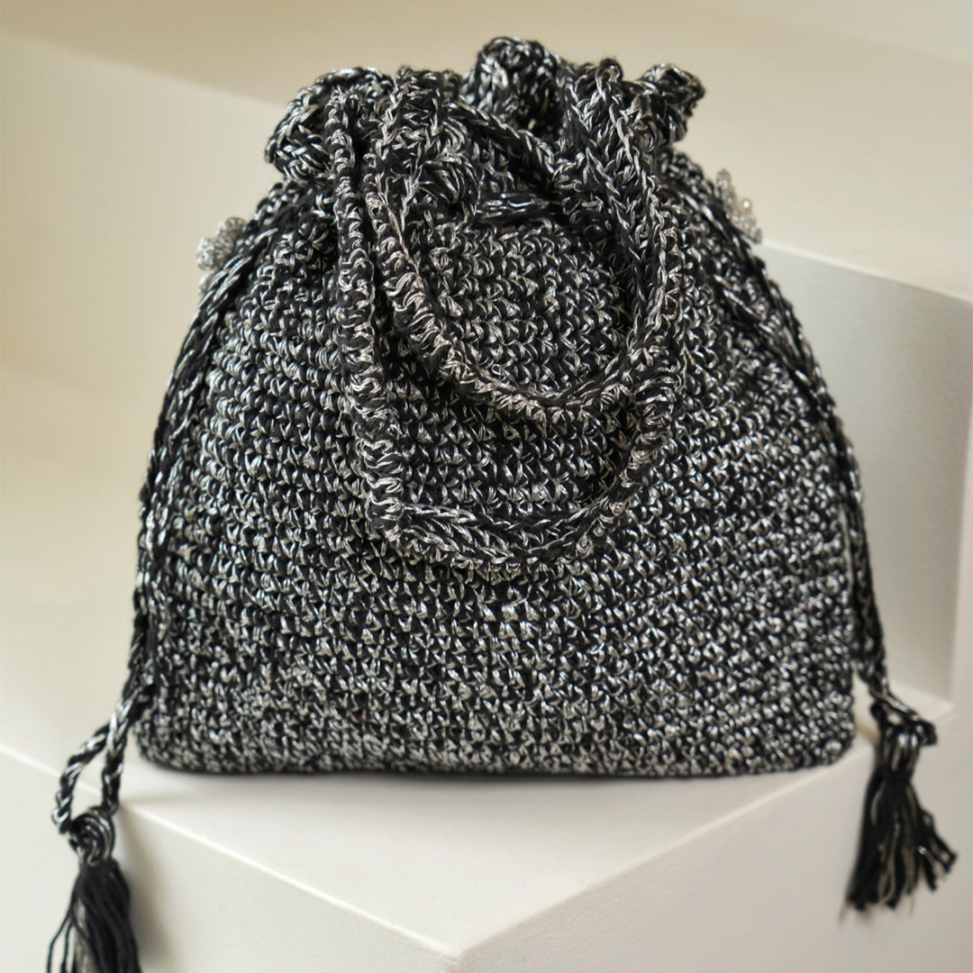 Handmade Crochet Floral Silver Sprinkle Potli