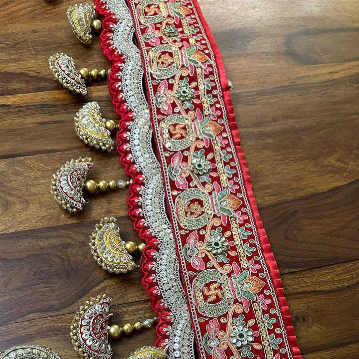 Handmade Embroidered Red Gamphi Jute Toran