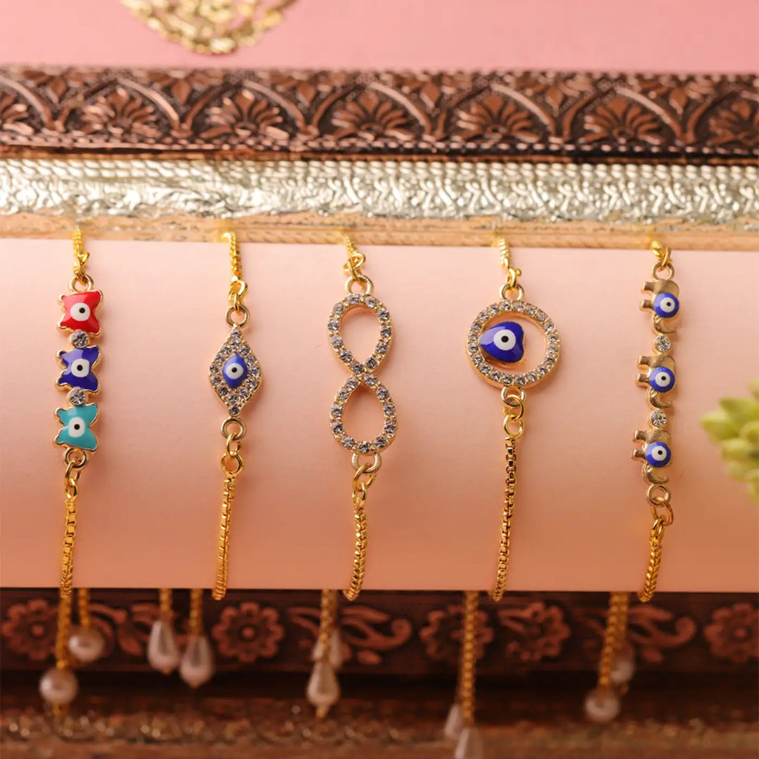 Handmade Evil Eye & Infinity Bracelet Rakhi With Roli Chawal | Set Of 5