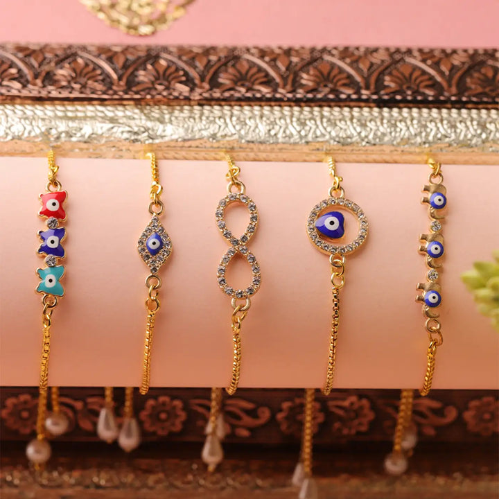 Handmade Evil Eye & Infinity Bracelet Rakhi With Roli Chawal | Set Of 5