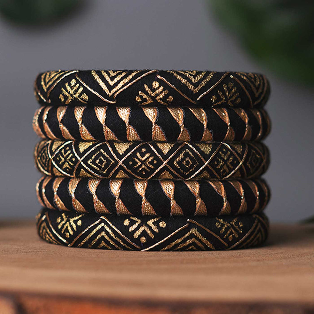 Black & Golden Handcrafted Elegant Gotta Patti Bangles | Set of 5
