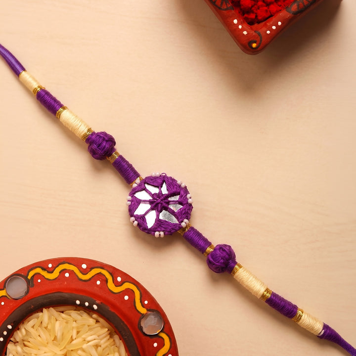 Handmade Mirror Work Patwa Purple Cotton Rakhi With Roli Chawal