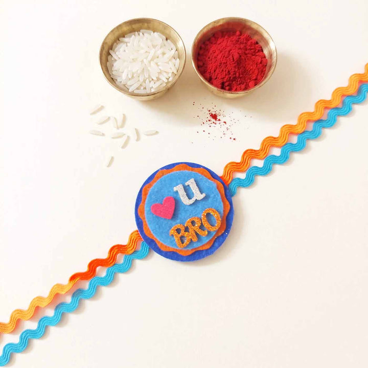 Handmade "Love U Bro" Heart Theme Felt Kids Rakhi With Roli Chawal For Brother