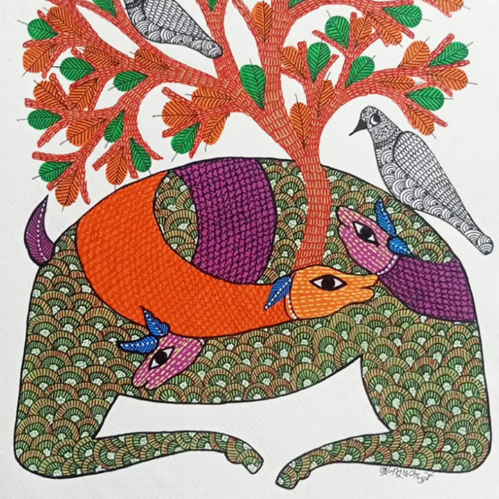 11 x 16 Inch | Deer with Tree & Birds | Original Hand Painted Tribal Gond Art Painting | Acrylic Paint On Paper