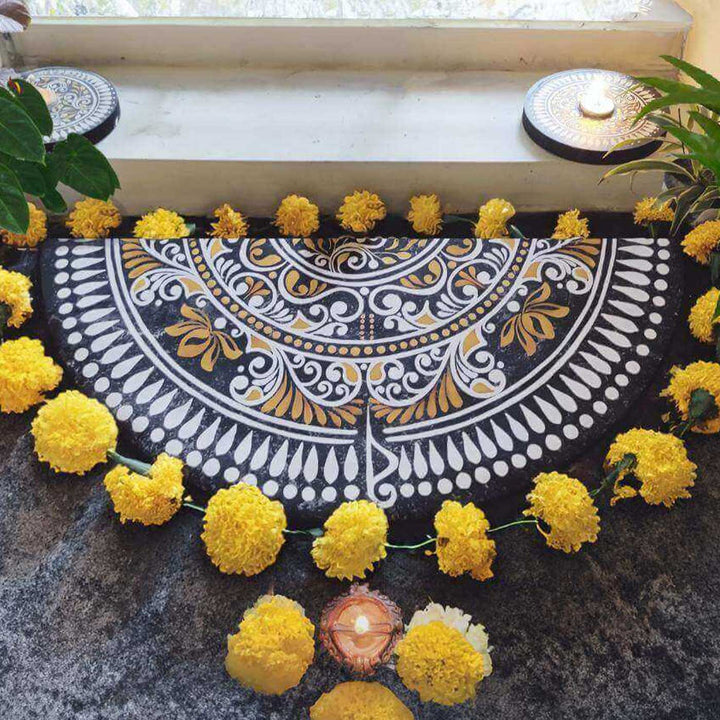9.5 x 22.5 Inch | Hand-Painted Iraya Semicircle Canvas Reusable Rangoli Mat