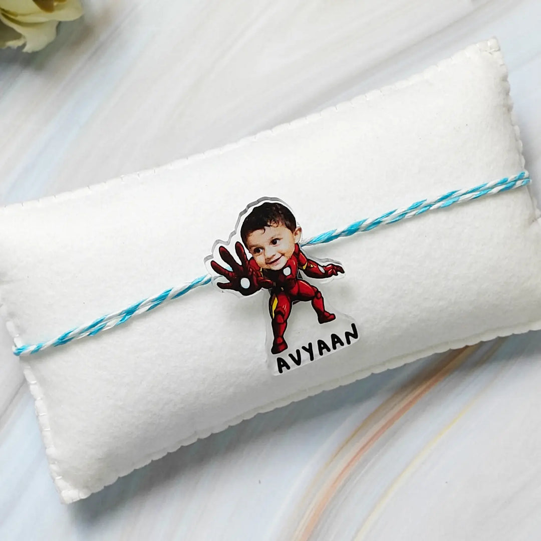 Photo Personalized Reusable Caricature Iron Man Theme Acrylic Kids Rakhi