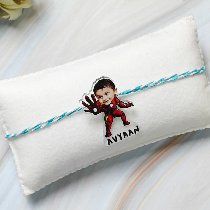 Photo Personalized Reusable Caricature Iron Man Theme Acrylic Kids Rakhi