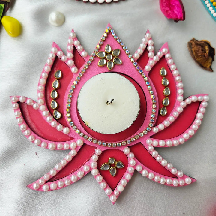 Hand-Painted Beaded Pink Lotus MDF Wood Tealight Holder