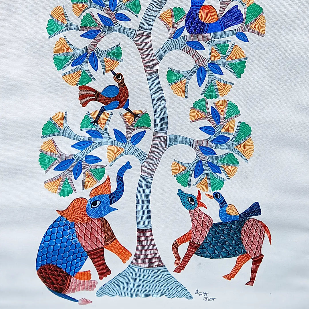 16 x 36 Inch | Birds & Animals In Tree | Original Hand painted Tribal Gond Art Painting | Acrylic Paints On Canvas