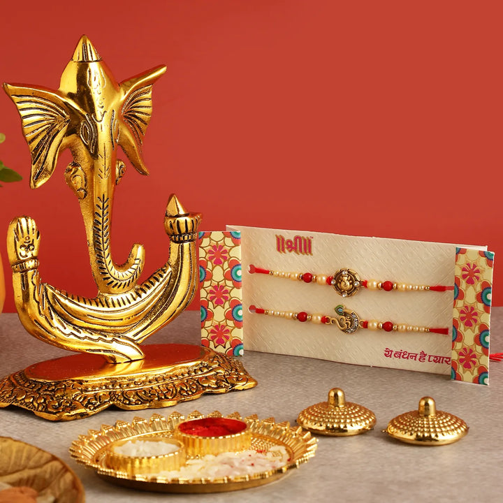 Handmade Ganesha Rakhi Hamper | Includes 1 Ganesha Idol, 2 Rakhis, 1 Roli Chawal