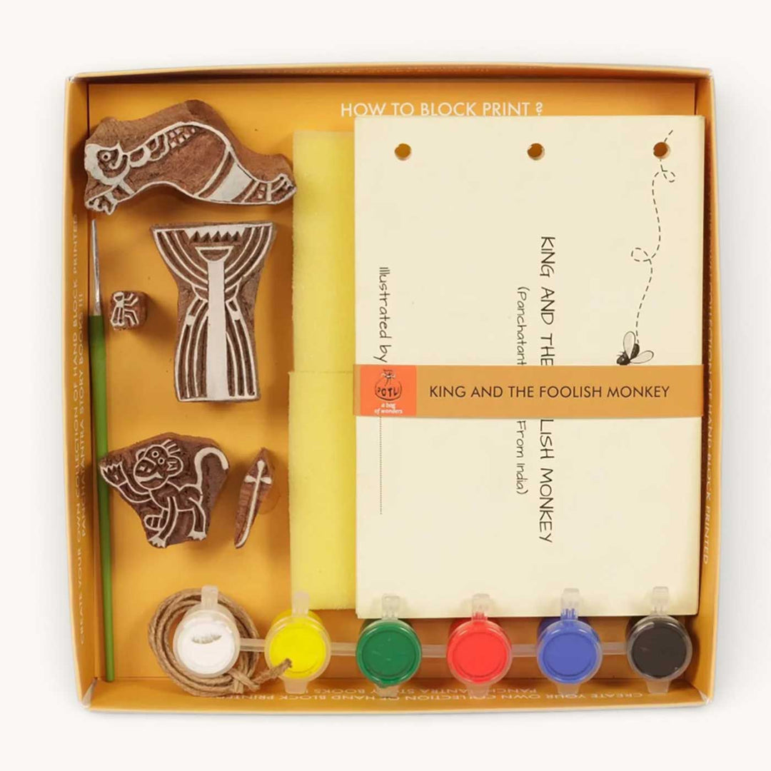 King And The Foolish Monkey Panchatantra Block Printing DIY Kit | 5 Stamps, Poster Colours, Painting Brush, Printing Pads, Story Cards  And Jute String