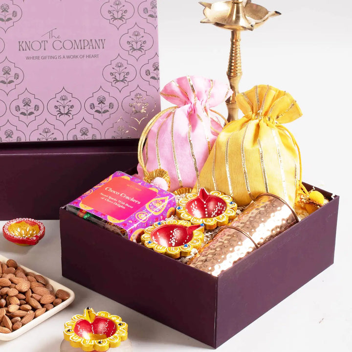 Celestial Diwali Corporate Gift Hamper | Includes 4 Cracker Chocolates, 2 Dry Fruit Potlis, 2 Copper Glasses, 2 Terracotta Diyas, 1 Gift Box