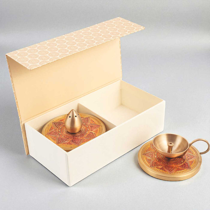 Hand-Painted Puri Brass Gift Hamper | Includes 1 Diya, 1 Incense Holder And 1 Gift Box