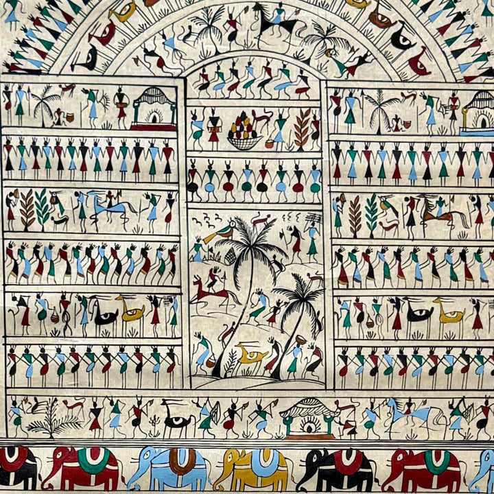 40 X 16 Inch | Handmade Tussar Silk Saura Tribal Art Of Odisha Painting