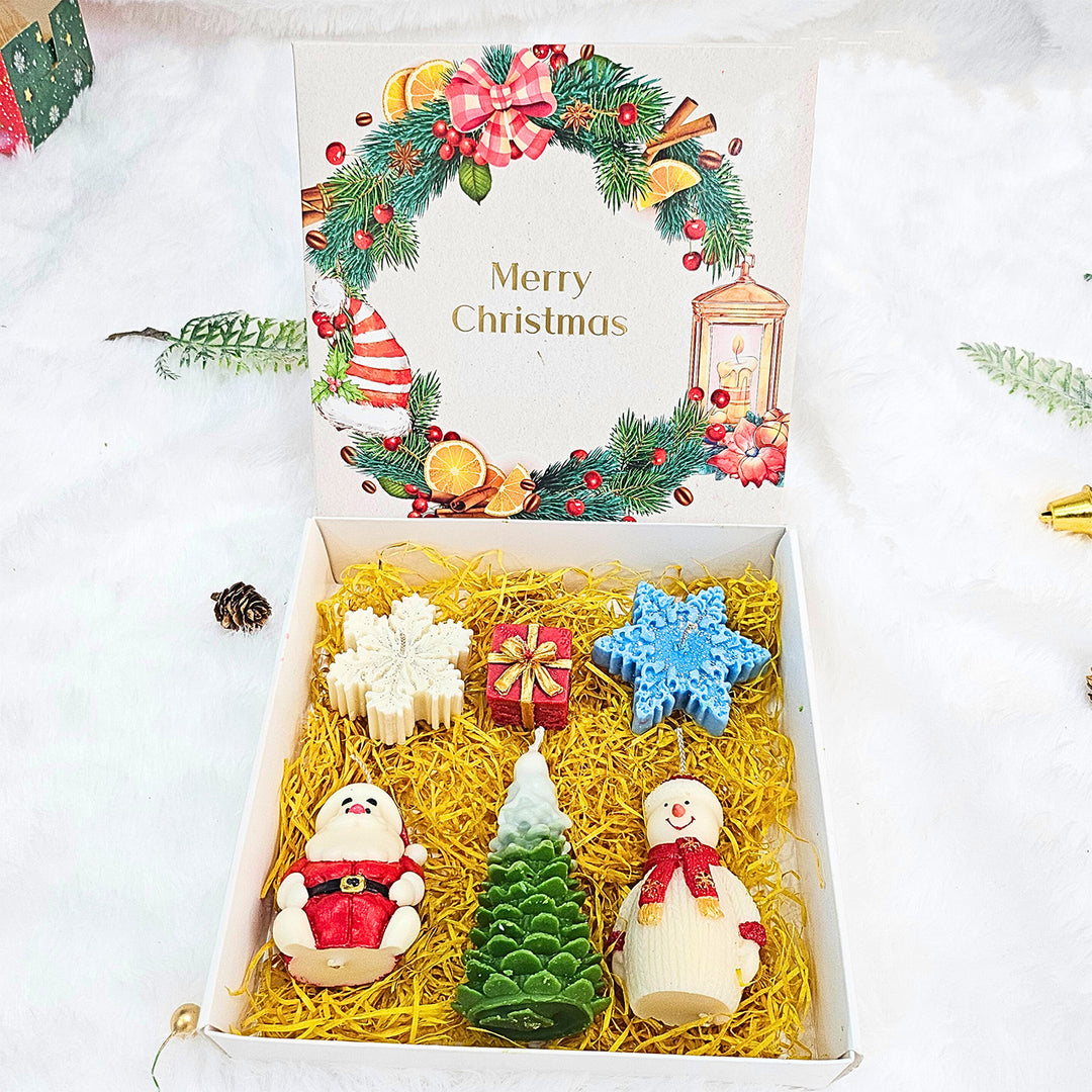 6 pc | Handmade Christmas Tree, Santa, Snowman, Snowflakes & Gift Box Shaped Soy Wax Candles