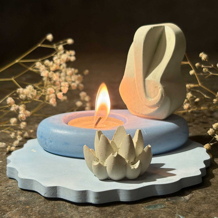 Handmade Solaria Concrete Gift Hamper | Includes 1 Pebble Candle Holder, 1 Small Ganesha, 1 Succulent, 1 Mini Base