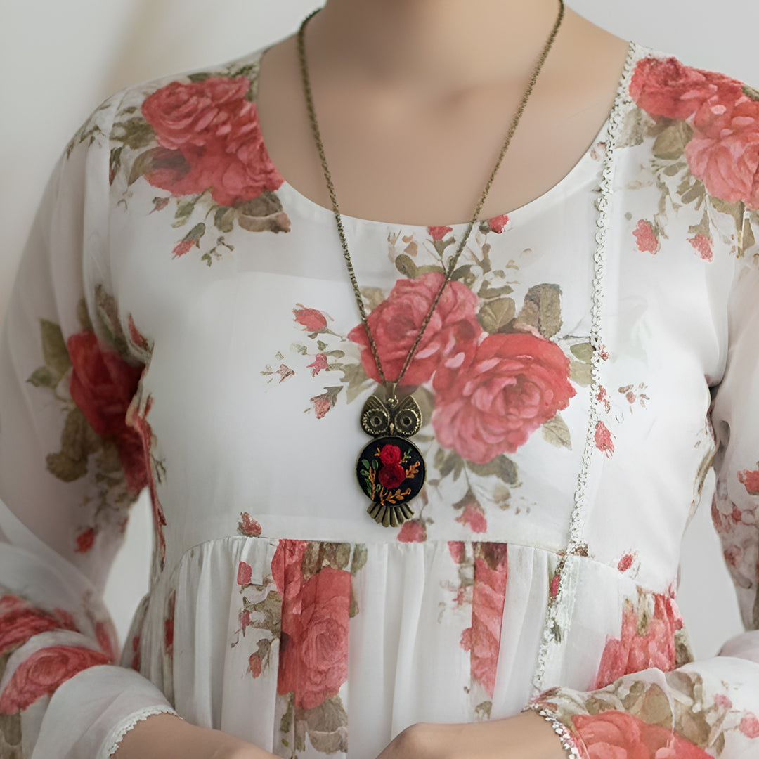 Hand Embroidered Fleurowl Antique Finish Necklace