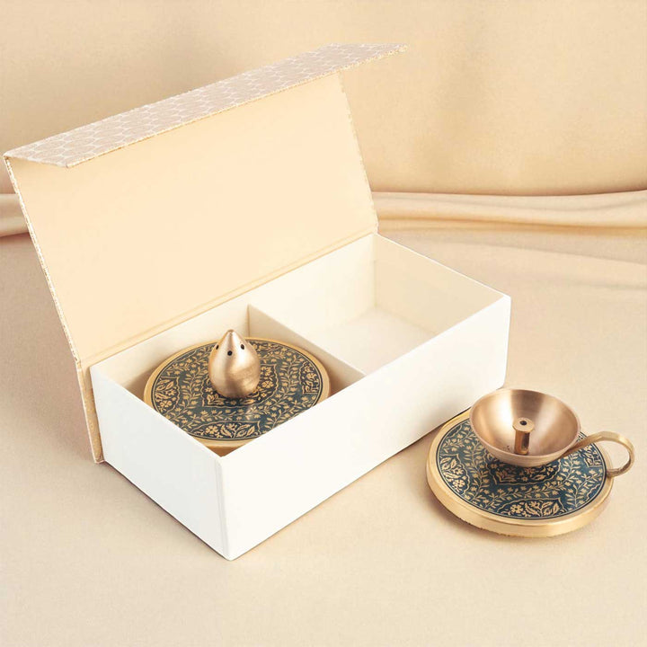 Hand-Painted Omkar Brass Gift Hamper | Includes 1 Diya, 1 Incense Holder And 1 Gift Box