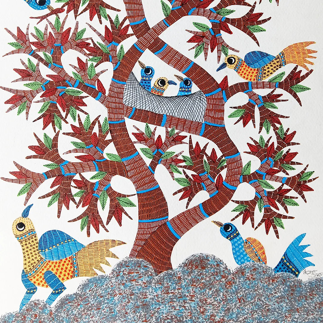 15 x 22 Inch | Tree of Life with Birds | Original Hand Painted Tribal Gond Art Painting | Acrylic Paints On Paper