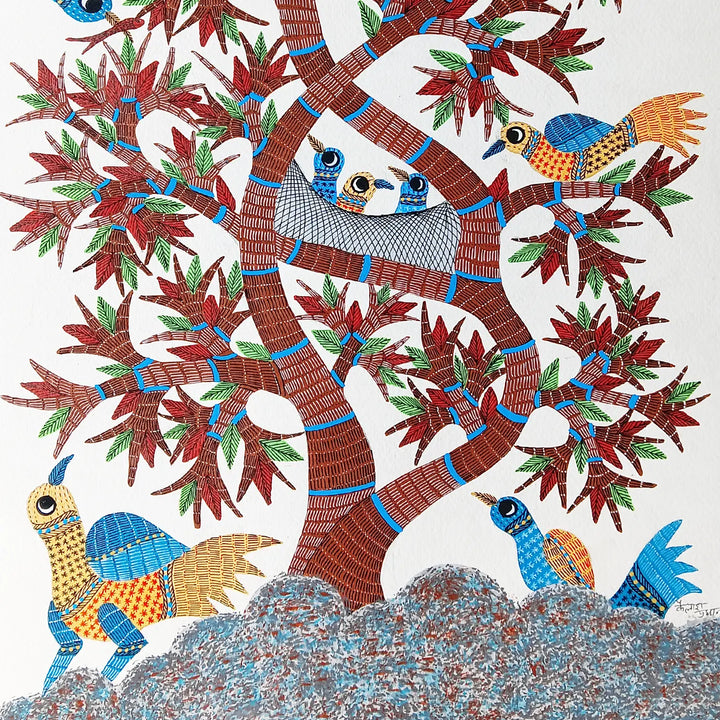 15 x 22 Inch | Tree of Life with Birds | Original Hand Painted Tribal Gond Art Painting | Acrylic Paints On Paper