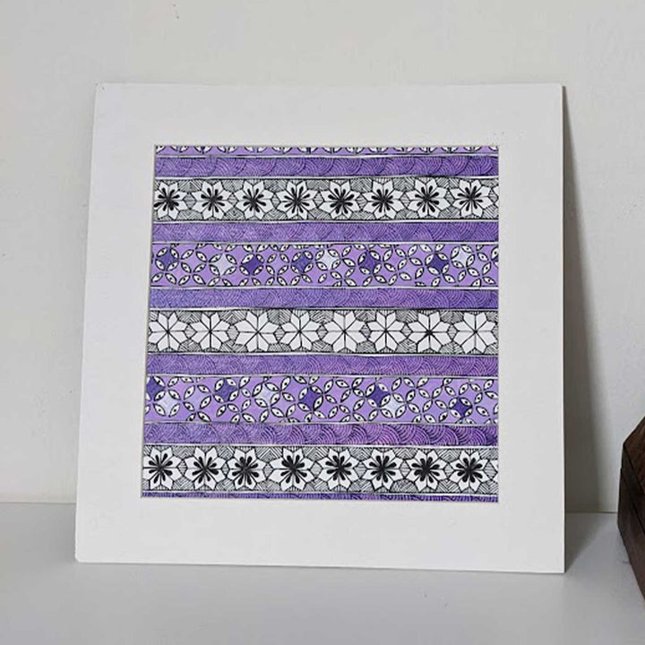 8 x 8.5 Inch | Traditional Purple & White Madhubani Style Drawing With Frame