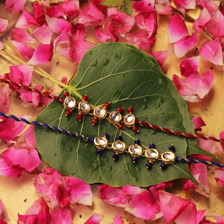 Handmade Minimalist Kundan Rakhi With Roli Chawal | Set Of 2