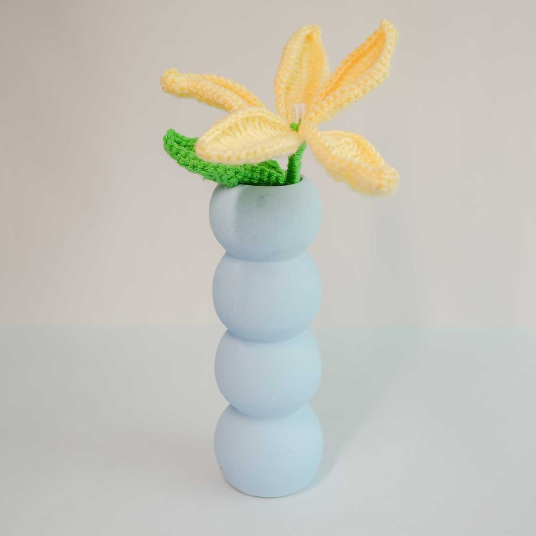 Handmade Crochet Yellow Lily With Stacked Tired Pottery Ceramic Vase