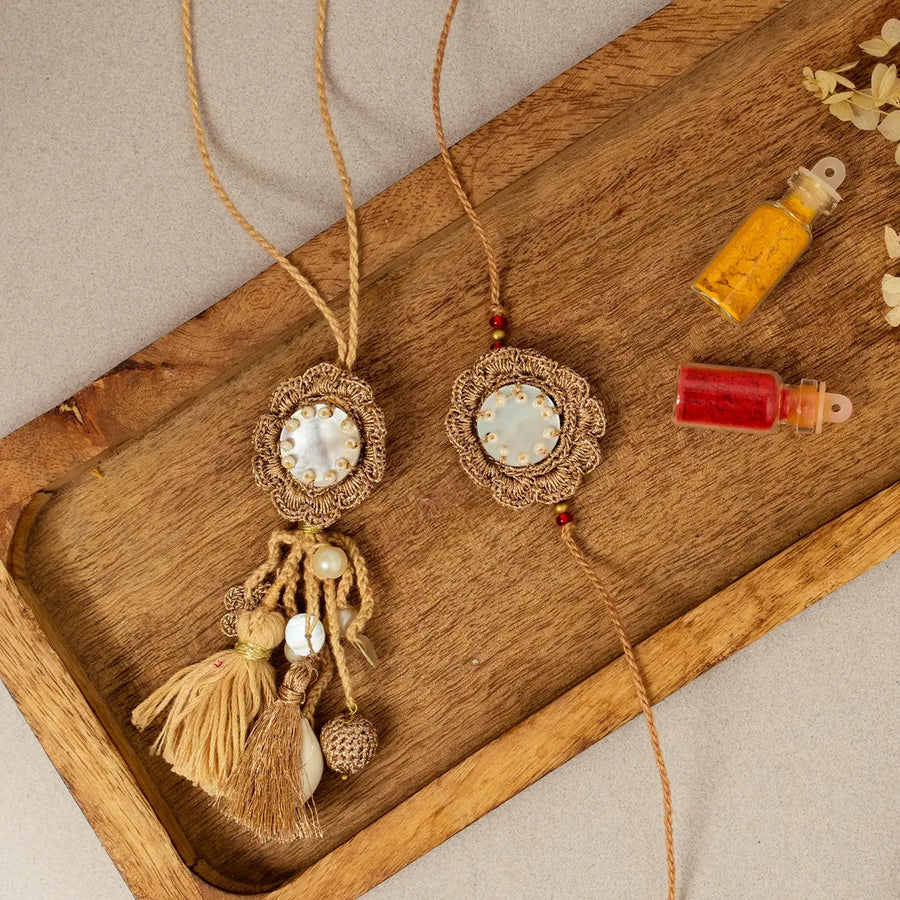 Handmade Crochet Golden Seepi Bhaiya Bhabhi Rakhi With Roli Chawal Set Of 2 - Decorative Set Display on Wooden Tray