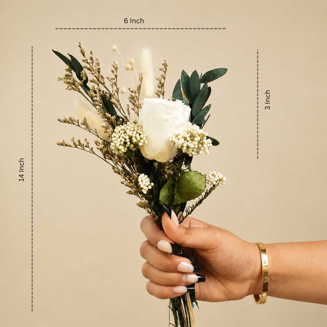 Snow Petal Real White Rose With Dried Flower Bouquet