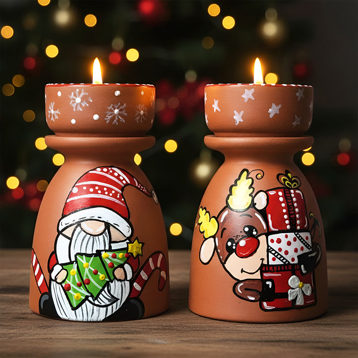 Hand-Painted Gnome & Reindeer Tealight Holders For Christmas Decoration | Set Of 2