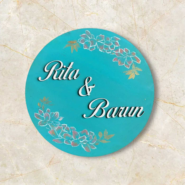 Floral Theme Blue Personalized Round Wooden Name Plate For Home