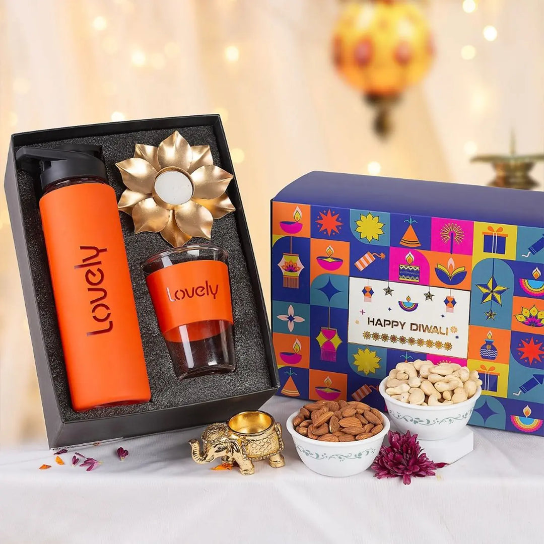 Personalized Diwali Gift Hamper | Includes 1 Bottle, 1 Glass, 1 Golden Lotus Diya