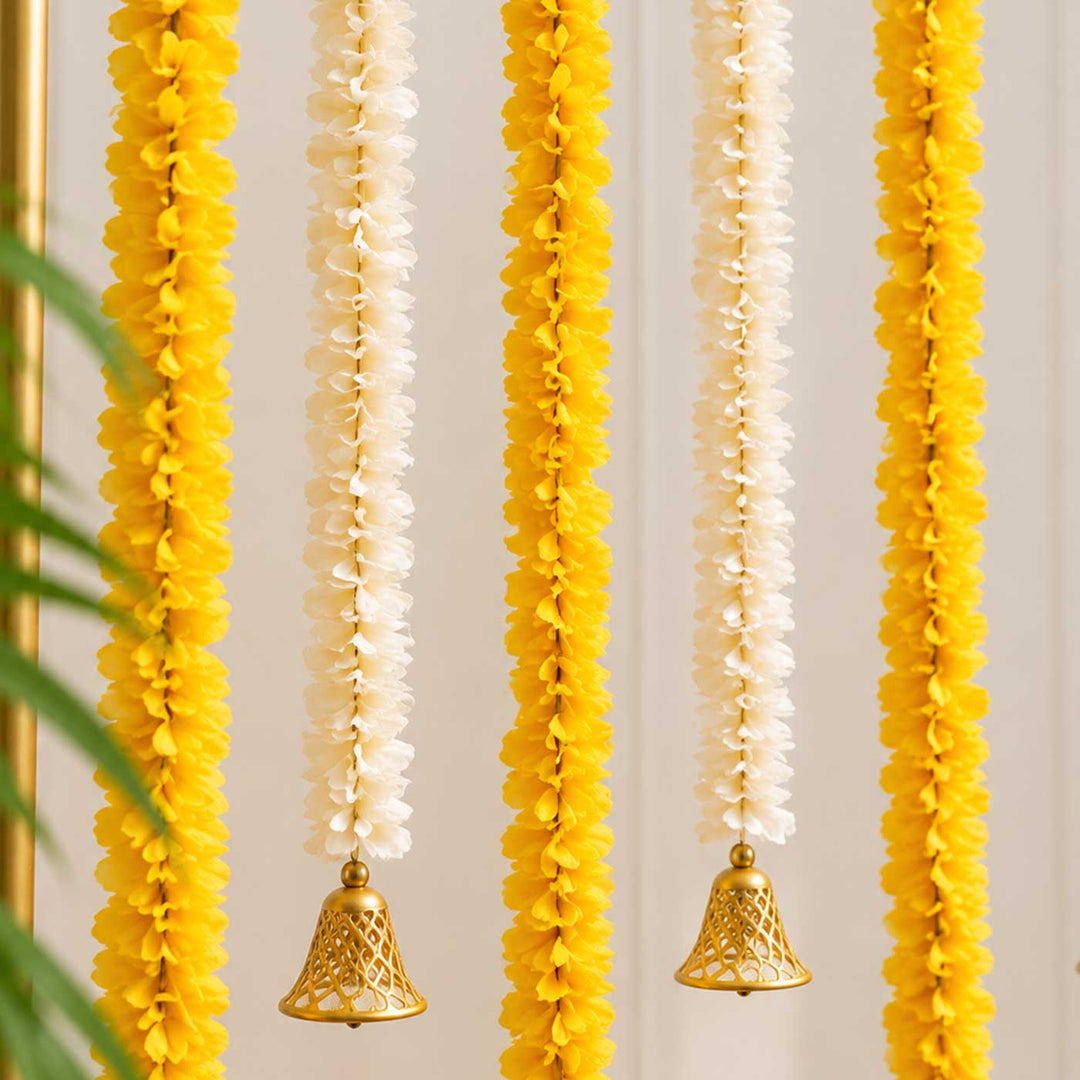 8 Pc | Handcrafted Yellow and White Artificial Flower Door Hangings Combo with Bells