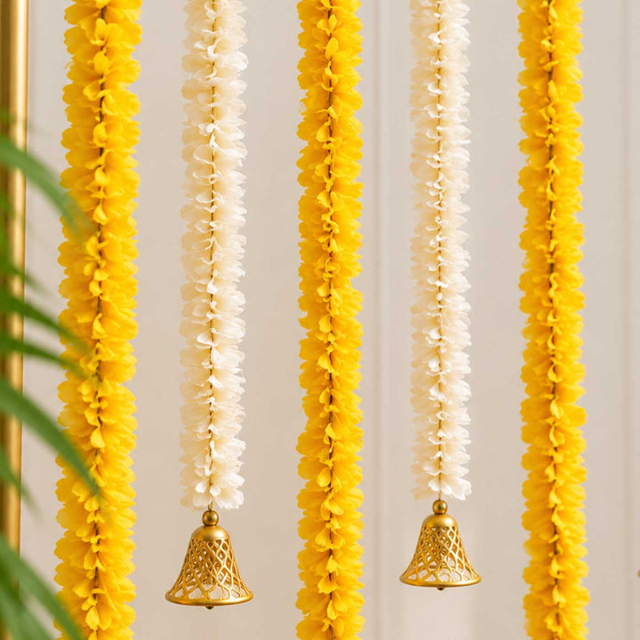 8 Pc | Handcrafted Yellow and White Artificial Flower Door Hangings Combo with Bells