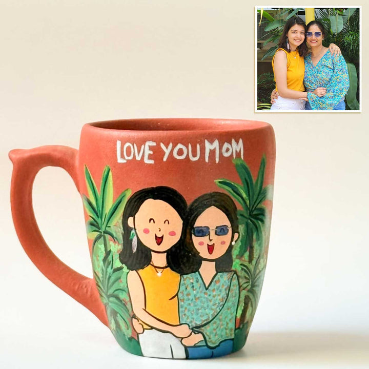 Love You Mom | Handpainted Personalised 3D Terracotta Mug With Caricatures And Background