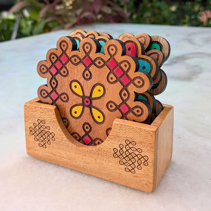 4 pc | Hand-Painted Engraved Mahogany Wood Kolam Coasters With Holder For Coffee Table & Dining Decor