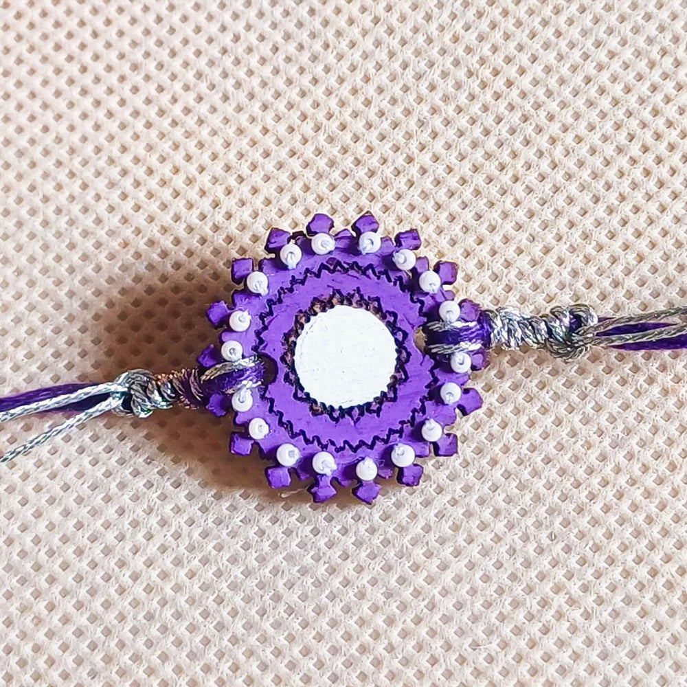 Handmade Purple Flower Shape Beads Wooden Rakhi With Roli Chawal For Brother - Close-up Front View Showing Details